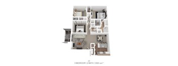 A 3 bedroom apartment with 2 bathrooms and a total area of 1250 sqft.
