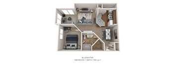 a floor plan of 1 bedroom with 1 bath