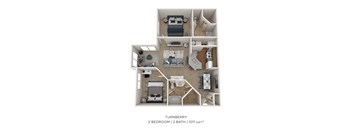 a 3d floor plan of a 2 bedroom 1 bath apartment
