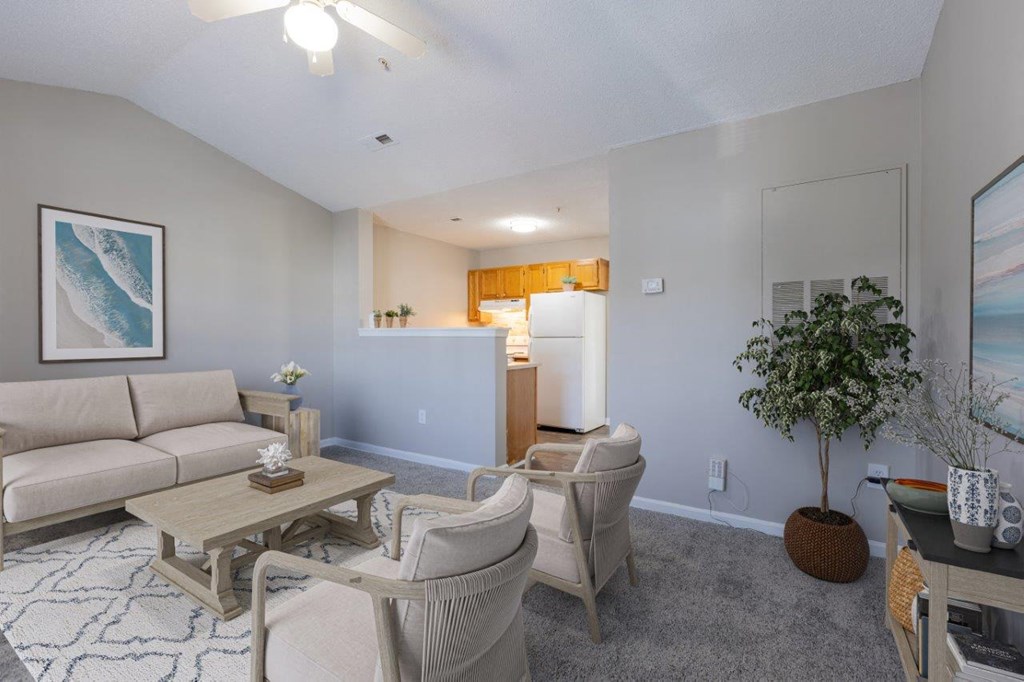 a living room with a couch and a table