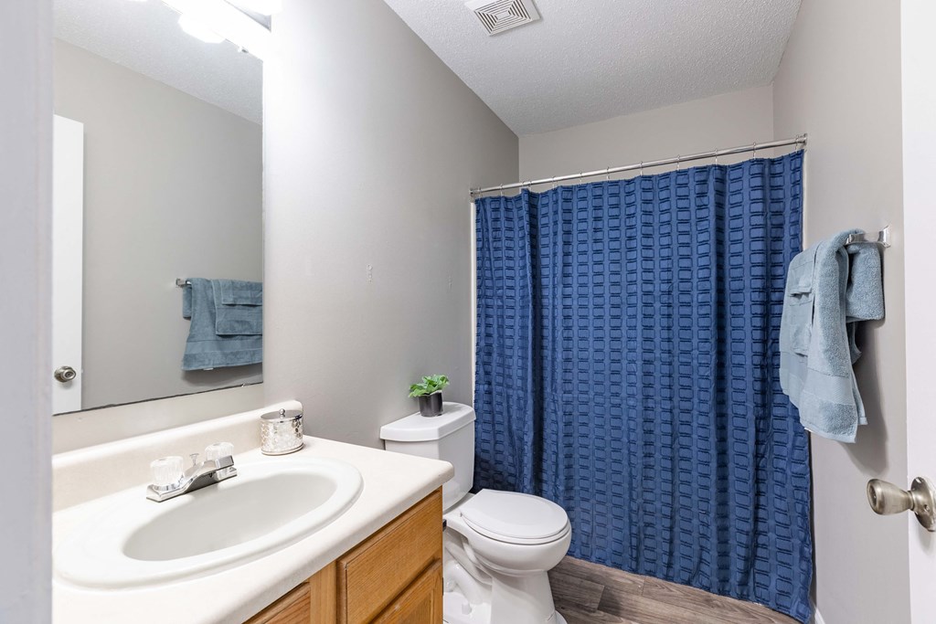 a bathroom with a blue shower curtain and a toilet and sink