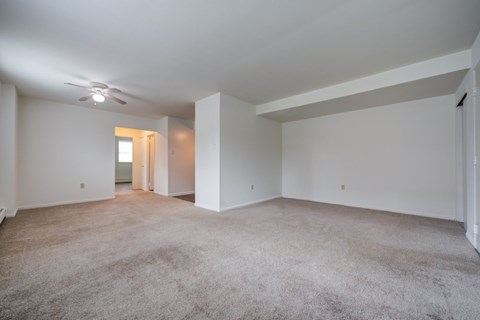A spacious room with carpeted floor and white walls.