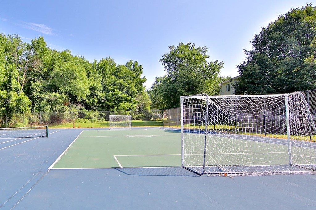 A tennis court with a net and trees in the background.