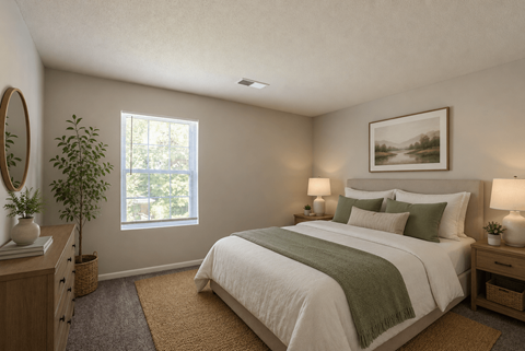 A bedroom with a large bed and a window.