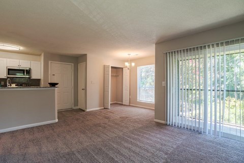 A spacious living room with a carpeted floor and a large window with blinds.