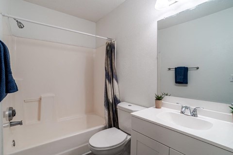 A white bathroom with a toilet, sink, and shower.