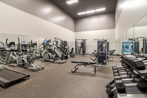 A spacious gym with a variety of exercise equipment.