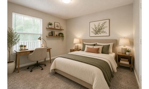 A bedroom with a bed, desk, and chair.