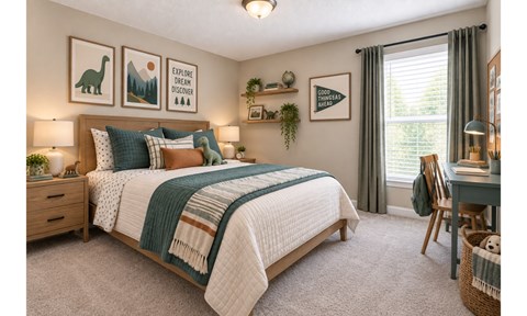 A bedroom with a bed, nightstand, chair, and pictures on the wall.