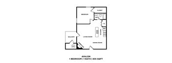 A floor plan of a one bedroom apartment with 835 square feet.