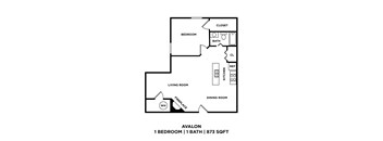 A floor plan of a one bedroom apartment with 873 square feet.