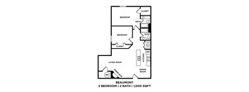 A black and white image of a floor plan for a 2 bedroom, 2 bathroom apartment.
