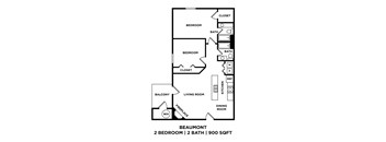 A floor plan of a 2 bedroom, 2 bathroom apartment with a total area of 900 sqft.