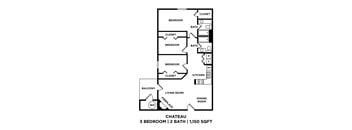 A floor plan of a 3 bedroom apartment with 2 bathrooms.