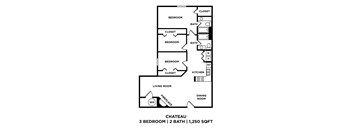 A black and white floor plan of a 3 bedroom, 2 bathroom Chateau with a living room and dining room.