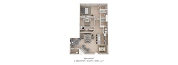 A floor plan of a 2 bedroom, 2 bathroom apartment with a total of 1000 square feet.