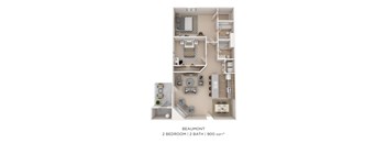 A floor plan of a 2 bedroom, 2 bathroom apartment with a total of 900 square feet.