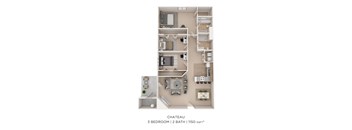 A floor plan of a 3 bedroom, 2 bathroom apartment with a total of 1150 square feet.