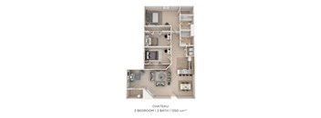 A floor plan of a chateau with 3 bedrooms and 2 bathrooms.
