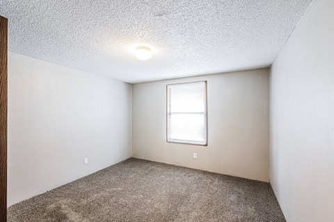 A room with a window and carpeted floor.