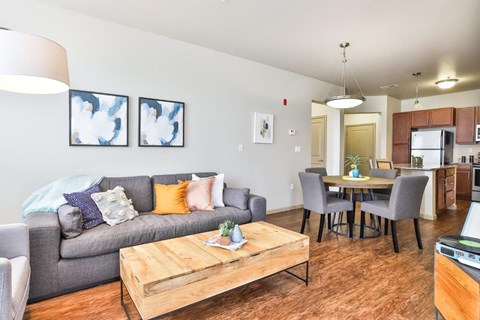 A living room with a grey couch, a wooden coffee table, and a dining table with chairs.
