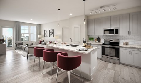 A modern kitchen with a dining table and chairs.
