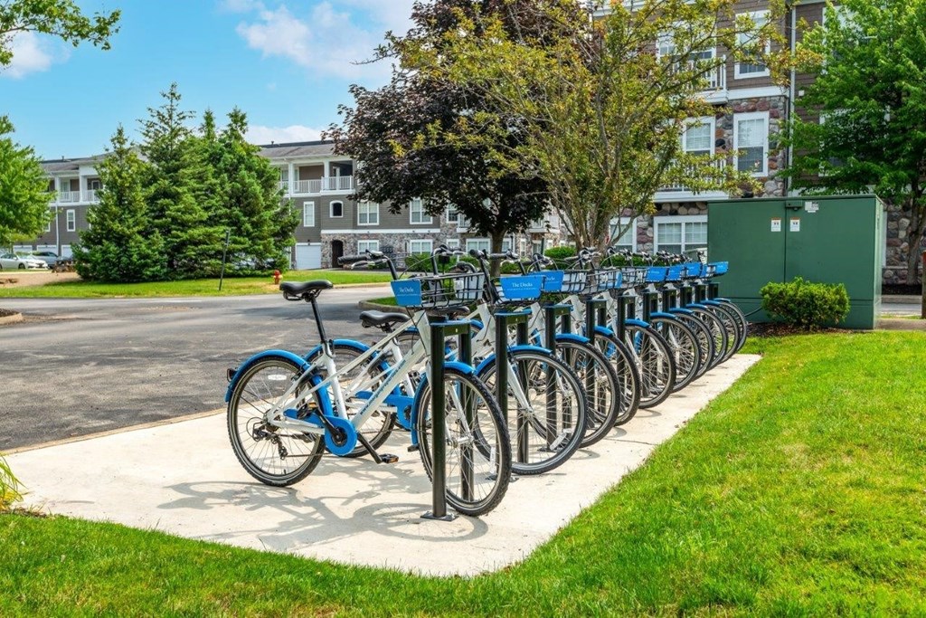 a row of bikes parked in front of an apartment building