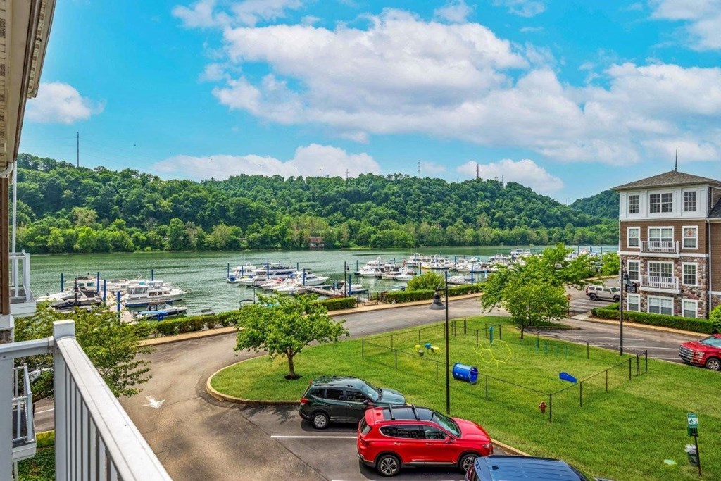 a view of a marina from a balcony