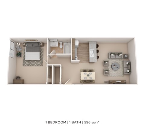 A 1 bedroom 1 bathroom apartment is 596 square feet.