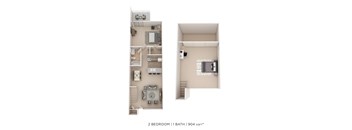 A floor plan of a 2 bedroom apartment with 1 bathroom.