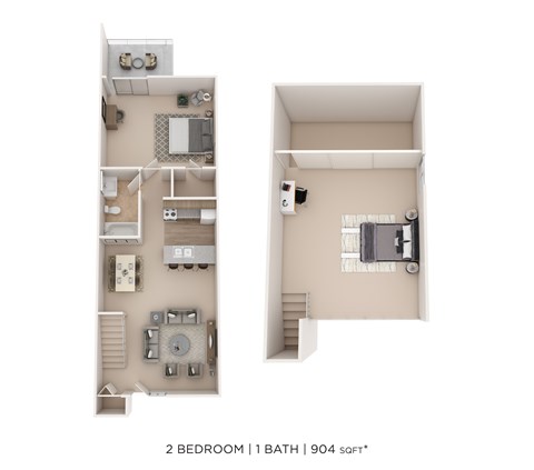 A floor plan of a 2 bedroom apartment with 1 bathroom.