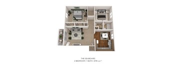 878 square foot 2 bed 1 bath apartment - 3D floorplan