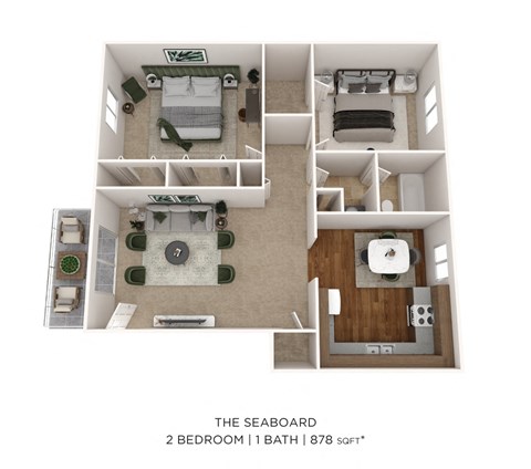 878 square foot 2 bed 1 bath apartment - 3D floorplan