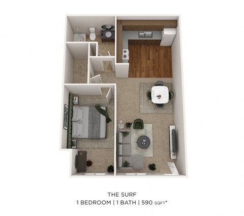 1 bedroom 3D floorplan 590 sq ft