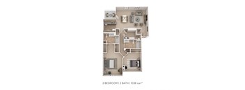 A 2 bedroom apartment with 2 bathrooms and a total area of 1038 sqft.
