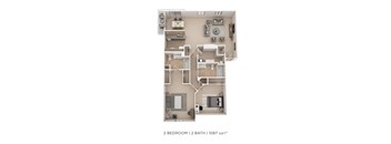 A 2 bedroom apartment with 2 bathrooms and a total area of 1087 sqft.