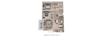A 2 bedroom apartment with a bathroom is 937 square feet.