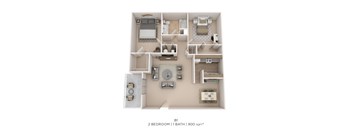 A 2 bedroom apartment with a bathroom and a living room.
