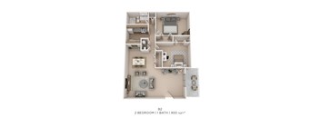 A 2 bedroom apartment with 1 bathroom is 900 square feet.