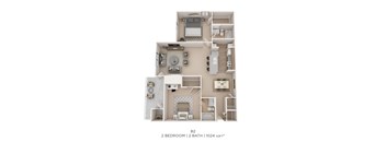 A 2 bedroom apartment with 2 bathrooms and a total area of 1024 sqft.