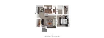 A 1 bedroom apartment with 1 bathroom and 624 sqft.