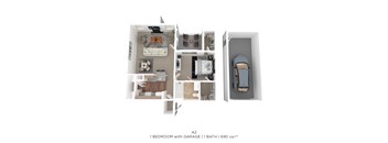 A 2 bedroom apartment with a garage and 1 bathroom.