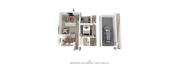 A 3D floor plan of a 1 bedroom apartment with a garage and 1 bath.