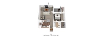 A 4 bedroom apartment with 1 bathroom and 822 sqft.