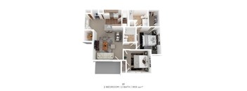 A 2 bedroom, 2 bathroom apartment with 959 square feet.