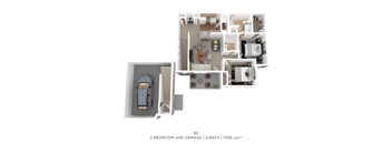 A 2 bedroom apartment with a garage and 2 bathrooms is shown.