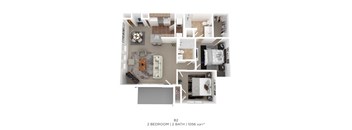 A floor plan of a 2 bedroom, 2 bathroom apartment sized 1056 sqft.