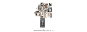 A floor plan of a B3 apartment with two bedrooms, two bathrooms, and a garage.