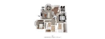 A floor plan of a B3 apartment with 2 bedrooms and 2 bathrooms.