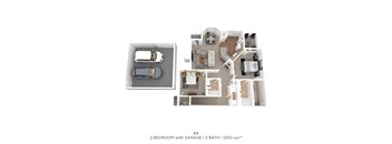 A floor plan of a B4 apartment with two bedrooms, two bathrooms, and a garage.